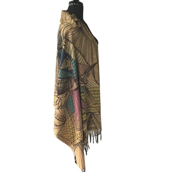 Cubist Abstract Art Line Drawing Flannel Buttoned Wrap Shawl Poncho Scarf - Picture 5 of 16